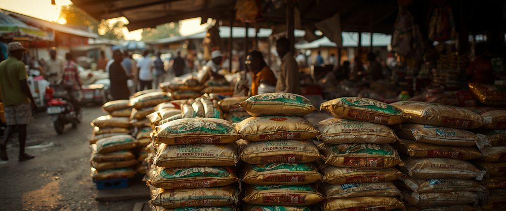 Stacked 50kg bags of Premium Garri Ijebu at market